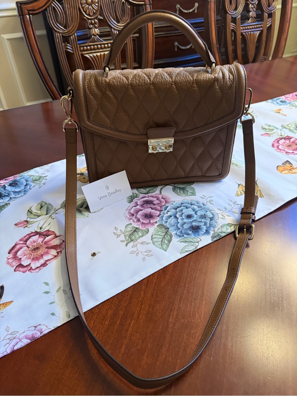 Vera Bradley Quilted Brown Top Handle Crossbody with Gold Hardware